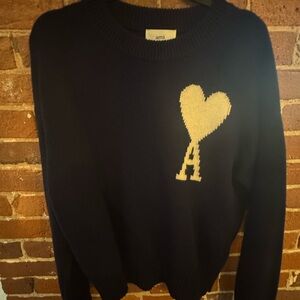 Ami Men's Navy Sweater with Heart and A Motif